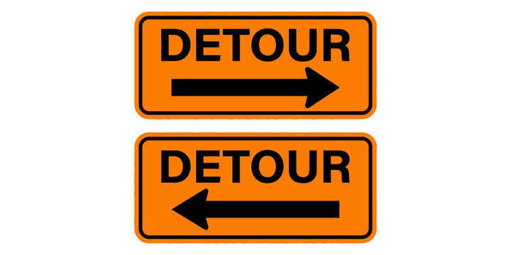 Two orange detour signs with arrows pointing right and left on isolated transparent background.