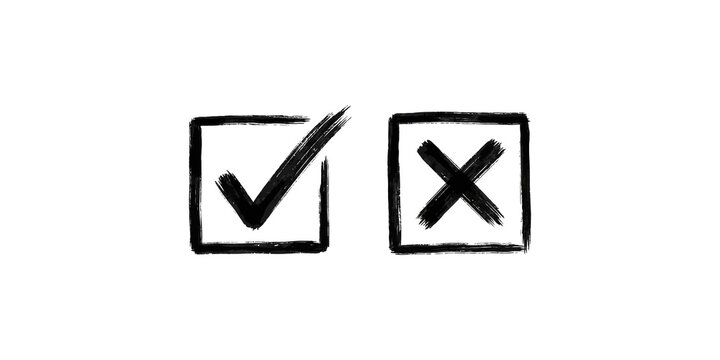 Black checkmark and cross mark in hand drawn boxes on isolated transparent background.