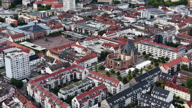 Aerial panorama view around the old town beside the city Hanau am Main in Germany Hesse on a sunny summer noon