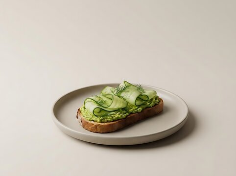 A gourmet plate featuring avocado toast variations topped with sliced cucumber and fresh dill on bread