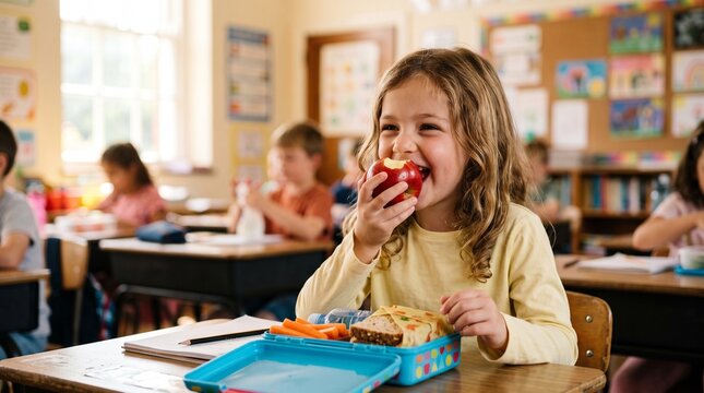 Commercial portrait photography of a cute young schoolgirl holding a whole-wheat sandwich at her classroom desk during lunch break &ndash; healthy school meals, back-to-school nutrition, happy childhood, an