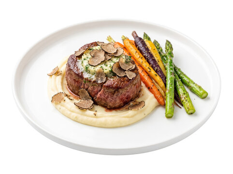 Gourmet beef steak fillet mignon with truffle butter and roasted vegetables as PNG cutout