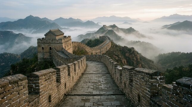 Misty Morning View of the Great Wall of China with Watchtower.