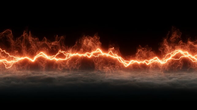 Fiery orange lightning bolt and crackling energy with dark smoke clouds, powerful electrical discharge background overlay