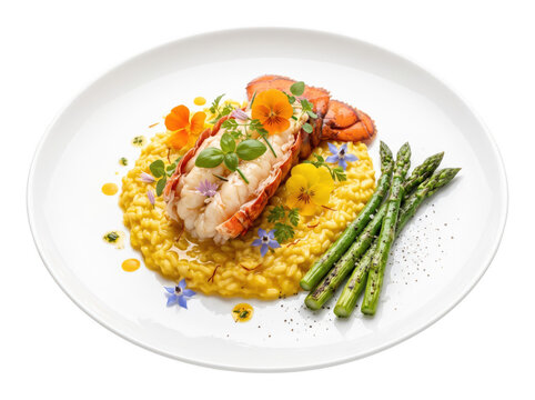 Exquisite lobster tail meat on saffron risotto with asparagus and edible flowers as clean cutout