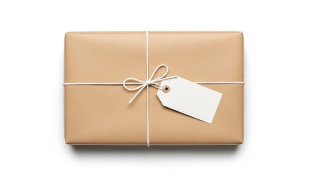 Brown wrapped gift with tag
