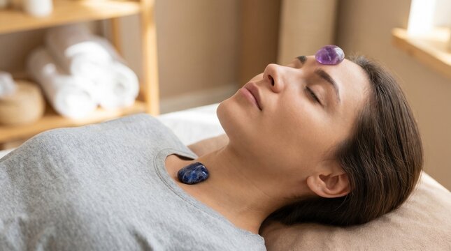 Close Up Amethyst and Sodalite Stones on Person's Third Eye and Throat Chakras, Energy Healing Session, Tranquil Spa Environment, Commercial Photo