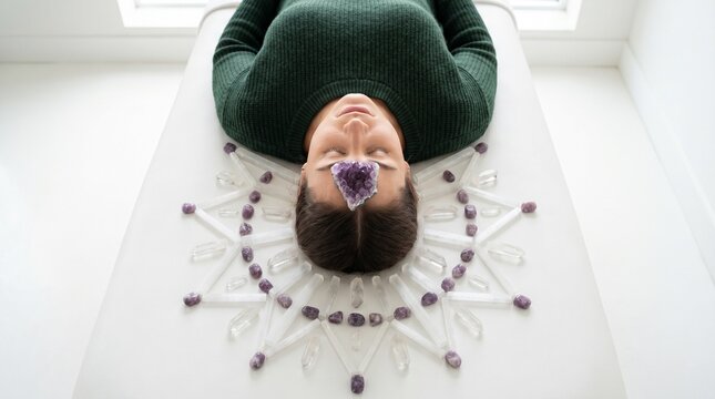 Geometric Crystal Grid Layout on Person's Crown Chakra, Amethyst and Quartz Activation Session, Minimalist Treatment Room, Commercial Photo