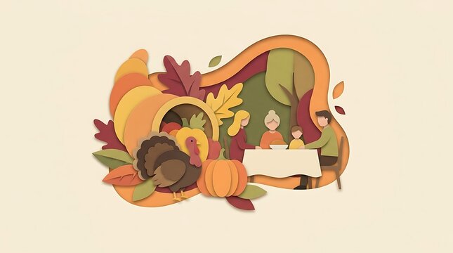 Thanksgiving family dinner celebration with autumn harvest cornucopia and turkey