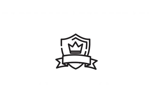 Shield icon with crown, ribbon, and banner outline in black and white. Ideal for regal or royal emblem design projects.