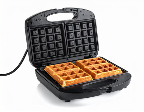 Golden waffle on a waffle maker isolated on a white backdrop. AI