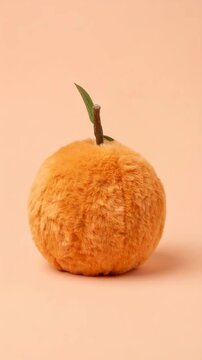 Plush fuzzy orange fruit with leaves and twig on a peach background shown in a triptych as it subtly rotates contemporary still life study
