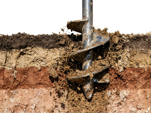 A metal earth auger drill bit penetrates through multiple distinct layers of soil and clay in a cross section view against black background