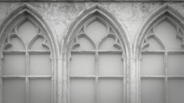 Gothic architecture stone pointed arch window and tracery detail in monochrome