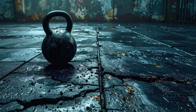 Damp, weathered kettlebell rests on a cracked and wet gym floor, symbolizing intense strength training and dedication.