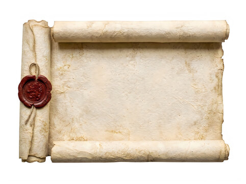 An aged parchment scroll featuring a red wax seal isolated against a solid black background perfect for historical documents or creative writing projects