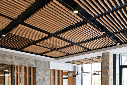 Modern Wooden Slat Ceiling with Linear Grid and Integrated Architectural Lighting