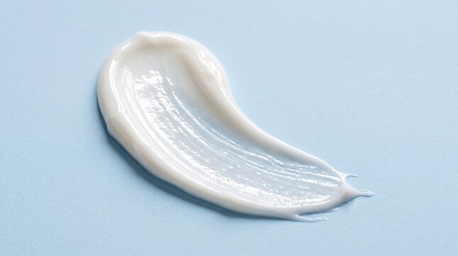 Creamy white cosmetic smear on light blue background, moisturizing lotion texture swatch, facial skincare product sample for beauty advertising