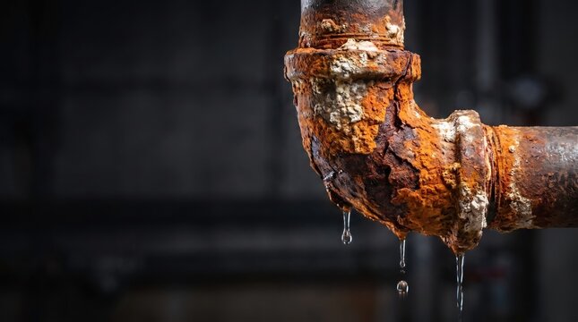 Old rusty metal pipe joint with severe corrosion leaking water drops in dark background for plumbing repair and maintenance concept.