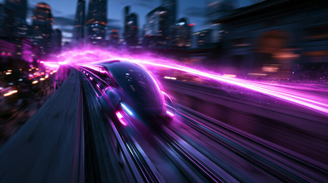 Futuristic High Speed Train Traveling Through City at Night