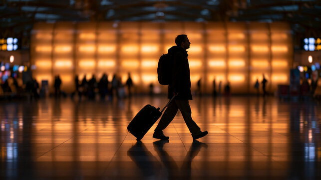 Silhouette of Traveler Walking with Suitcase in Airport Terminal