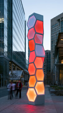 Glowing Red and Orange Hexagonal Tower in Urban Plaza