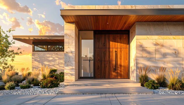A front view of a contemporary home featuring light stone cladding, a warm wooden front door, minimalist landscaping, and dramatic evening lighting against a cloudy sunset sky