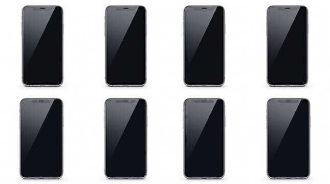Sleek Black Smartphone Mockup Collection, Minimalist Mobile Phone Templates, Glass Screen Reflection, Isolated on White