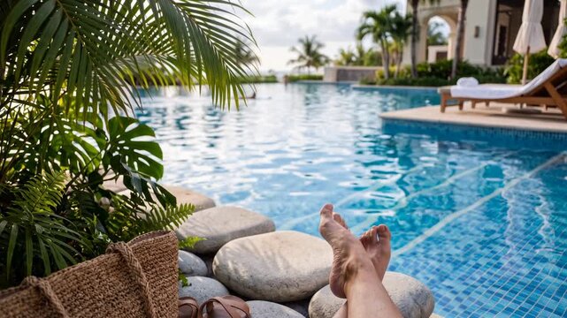 First-person view of a traveler relaxing with bare feet beside a tropical resort swimming pool. Peaceful vacation scene representing summer travel, luxury accommodation and poolside leisure.