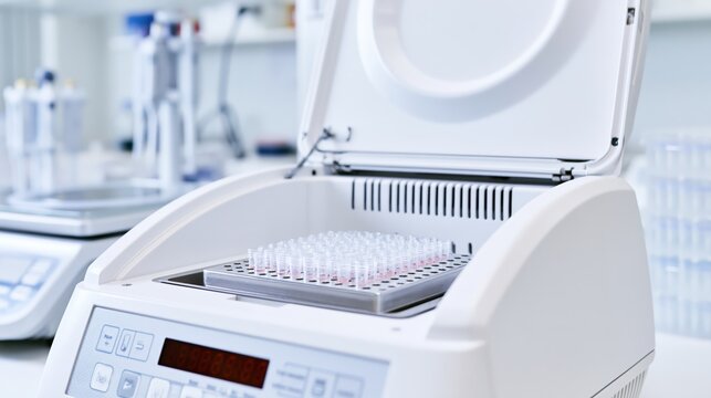 PCR thermal cycler with sample tubes in a heating block in sharp focus and a blurred genetics lab behind. Concept of genetic testing.