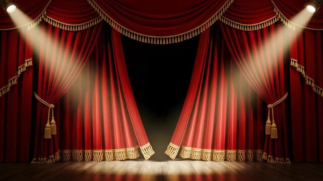 Red velvet theater stage curtains with spotlights