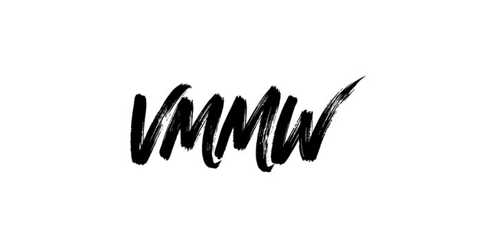 Handwritten brush script lettering VMMW on transparent background.