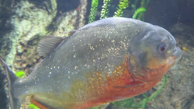Tracking shot of piranha swimming across freshwater aquarium with rocky underwater background and aquatic plants