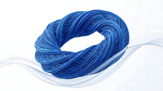Twisted Blue Wire Bundle Forming an Oval Knot on White Background