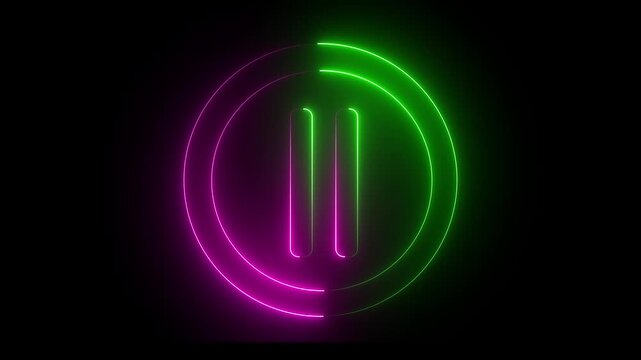 Glowing light neon pink and green color media player pause icon animation sign symbol on black background. 4k animation motion video.