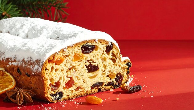 Close-up studio photograph of a festive holiday fruitcake loaf filled with dried fruits and nuts, heavily dusted with white powdered sugar against a bold red background with pine and spice accents