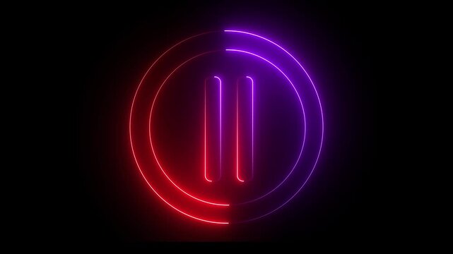 Glowing light neon red and purple color media player pause icon animation sign symbol on black background. 4k animation motion video.