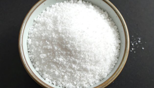 Close-up studio photograph of coarse white sea salt crystals piled high in a ceramic bowl against a dark background.