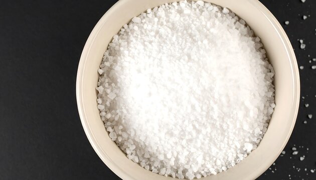Close-up studio photograph of coarse white sea salt crystals piled high in a ceramic bowl against a dark background.