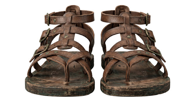 Pair of ancient brown leather gladiator sandals front view