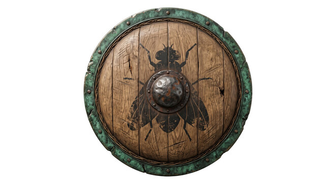 Ancient round wooden shield with fly symbol and bronze rim