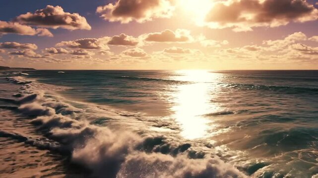 Golden Hour Serenity: The sun dips below the horizon, casting a shimmering golden path across the ocean waves as they gently kiss the sandy shore under a sky painted with soft, cotton-like clouds.