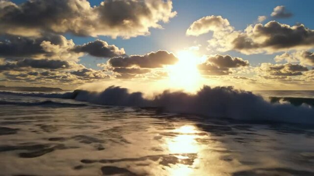 Ocean Sunset Serenity: The sun dips below the horizon, casting a golden path across the gentle waves and illuminating the dramatic clouds above a tranquil beach.