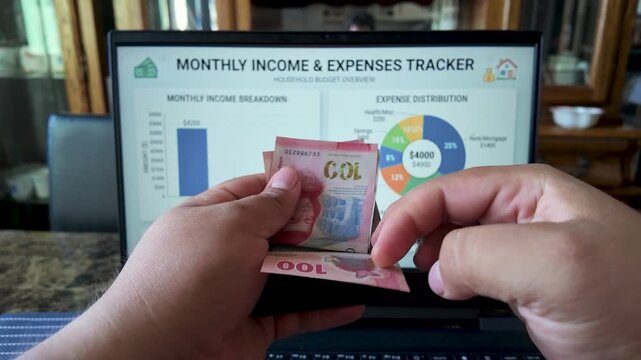 Person counting mexican pesos for monthly income and expense tracking in slow motion