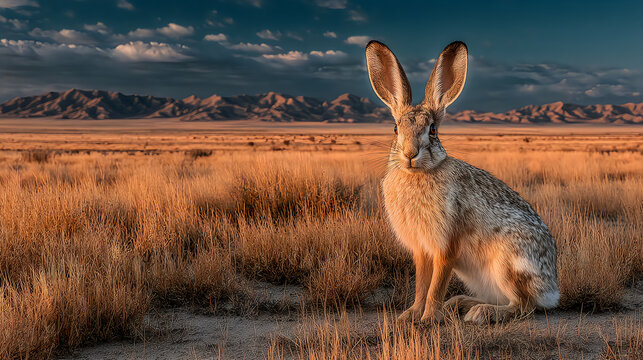 Desert jackrabbit golden hour landscape realistic wildlife photography premium stock images