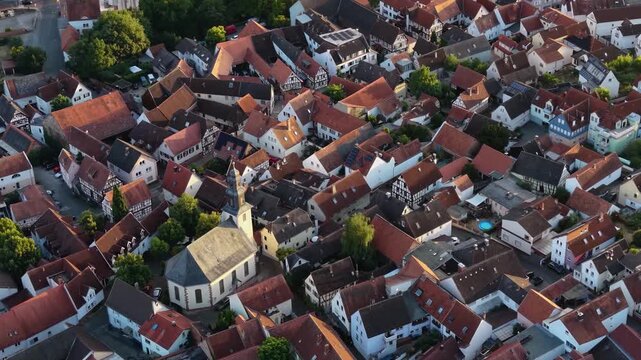  Aerial panorama view around the old town beside the city Sch&ouml;neck 61137 in Germany Hesse on a sunny summer noon