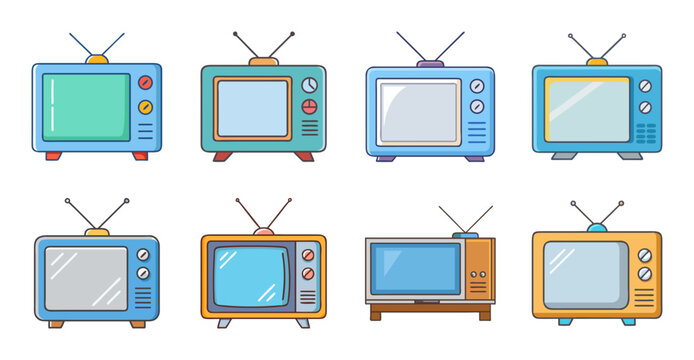 Colorful set of vintage and modern tv icons - Bright and playful collection of eight different TV icons in a clean, flat style for digital and print use.