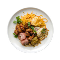 Fototapeta premium Delicious beef and vegetable rice dish on plate cutout letter