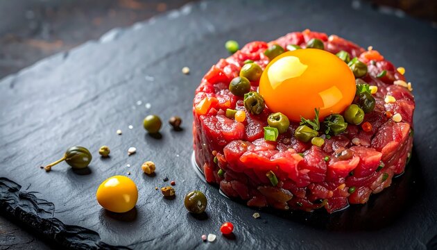 Horizontal image featuring a gourmet beef tartare molded into a round shape, topped with a raw egg yolk and capers, served on a dark slate board. Ideal for upscale restaurant menus, fine dining concep