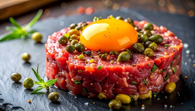 Horizontal image featuring a gourmet beef tartare molded into a round shape, topped with a raw egg yolk and capers, served on a dark slate board. Ideal for upscale restaurant menus, fine dining concep